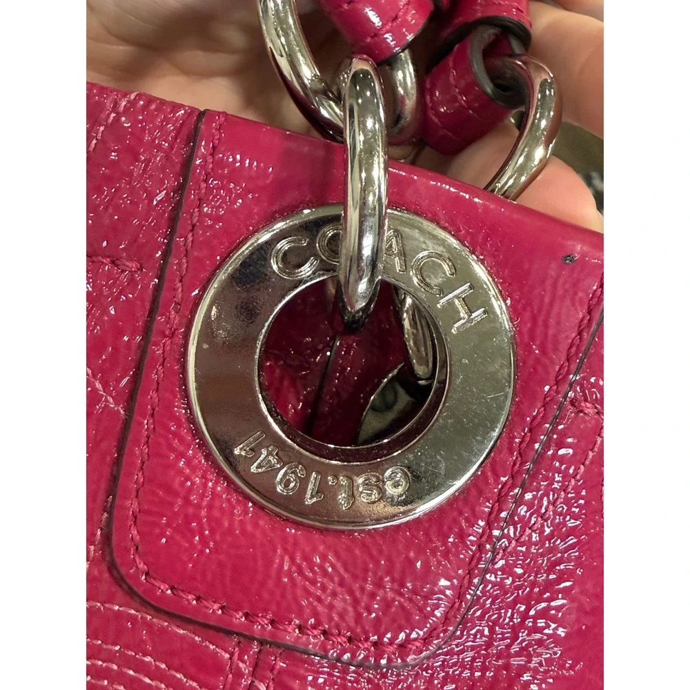 Coach Signature Purse Tote Hot Pink Patent Leather Shoulder Large Hobo Bag